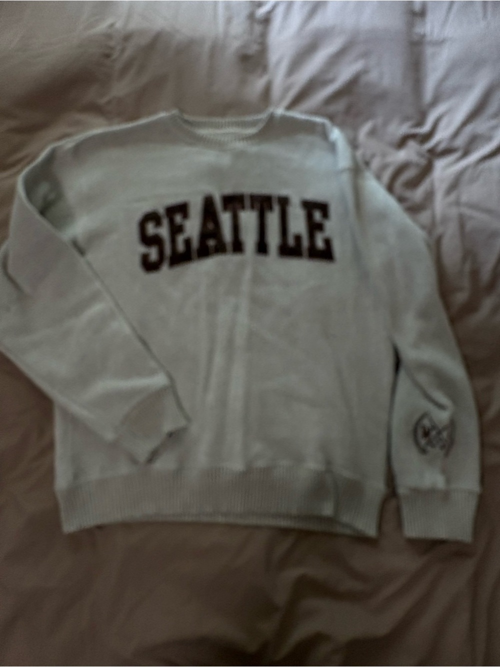 Crewneck Sweater with 'SEATTLE' Chest Lettering - Cream